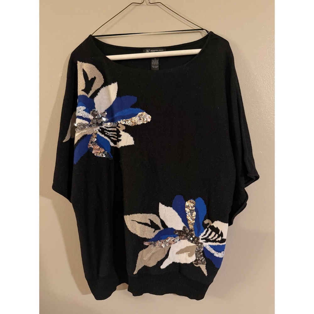 INC International Concepts Woman Black Floral Sequin Metallic Knit Sweater 1X